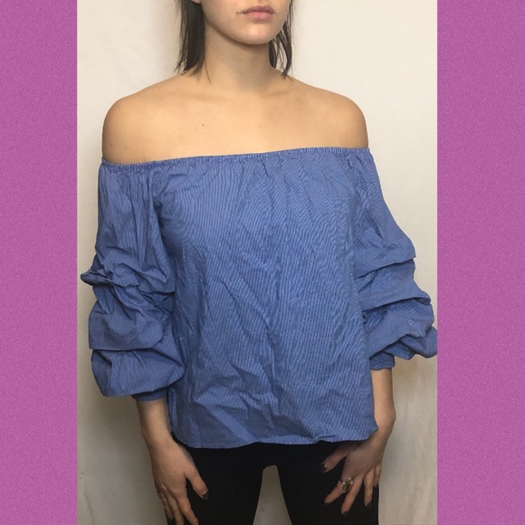 blue off the shoulder ruffle shirt - Picture 1 of 2